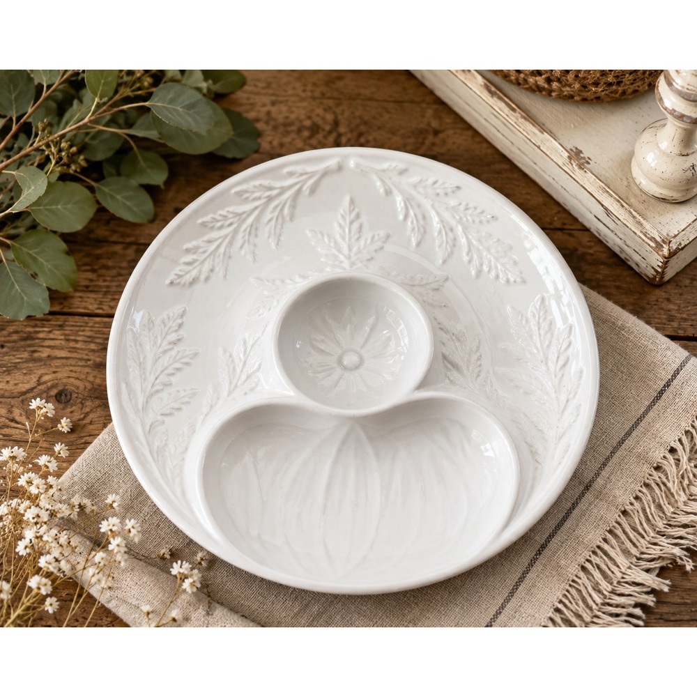 Bordallo Pinheiro White Asparagus Fern Relief Chip and Dip Platter Portugal 11in